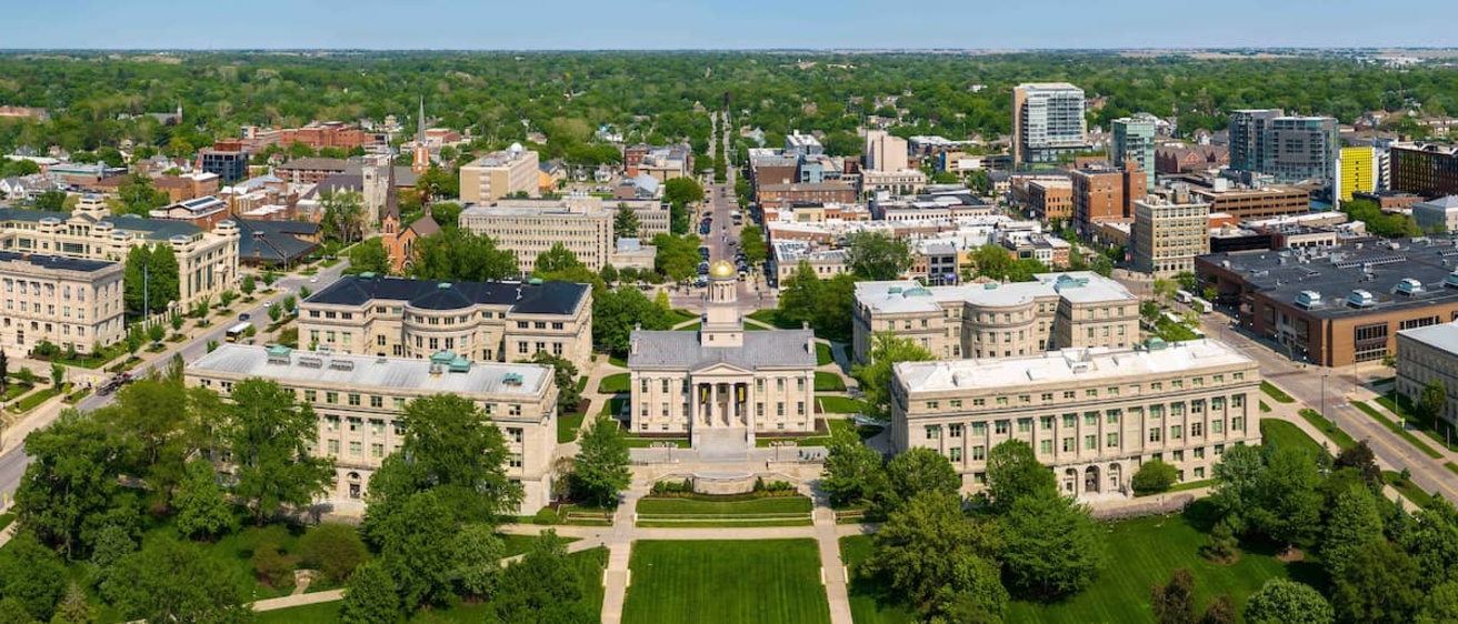 Aerial photo of University of Iowa Pentacrest and downtown Iowa City